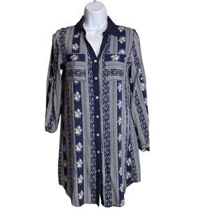 Vintage NEW ABC Women's Blue White Boho Button Front Tunic Top Size S/M Retro